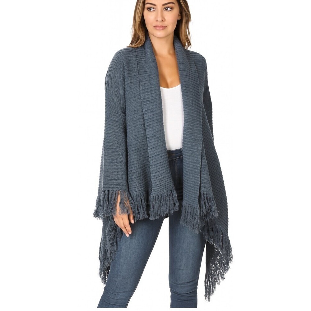 Umgee cardigan sweater tasseled sleeves & hem steel green open front SZ MD